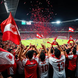 A vibrant scene of fans cheering passionately at a Persepolis football club match, showcasing the electrifying atmosphere of a stadium filled with red and white colors