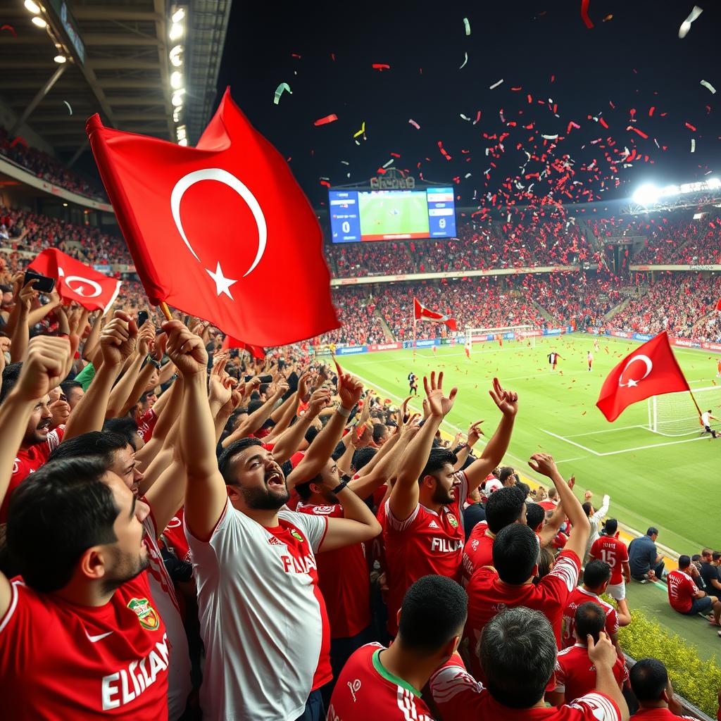 A vibrant scene of fans cheering passionately at a Persepolis football club match, showcasing the electrifying atmosphere of a stadium filled with red and white colors