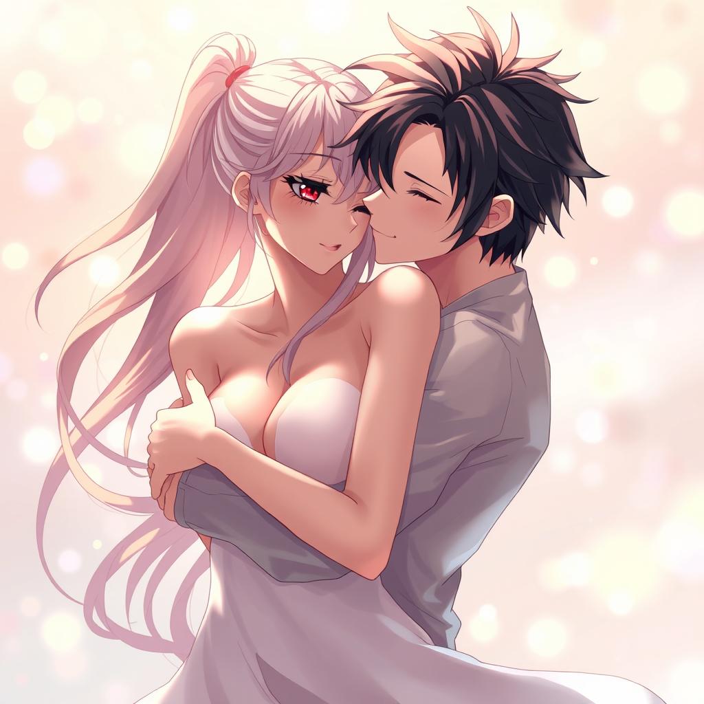 A sensual illustration of an anime couple entwined in an intimate embrace, their bodies artistically posed to highlight chemistry and romance