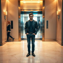 A scene depicting a man standing in front of an elevator