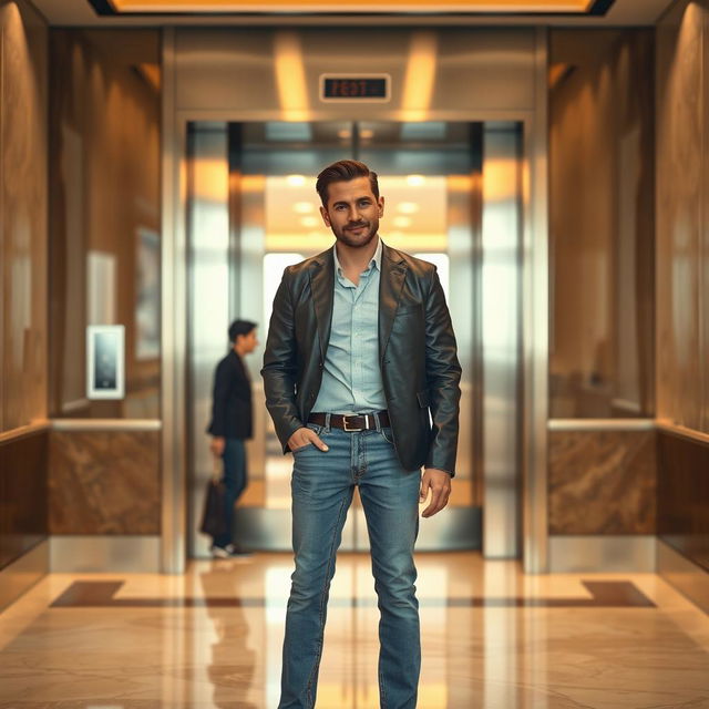 A scene depicting a man standing in front of an elevator