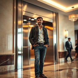 A scene depicting a man standing in front of an elevator
