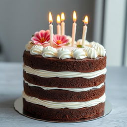 A beautifully decorated cake with rich chocolate layers, adorned with elegant white frosting and intricate piping designs