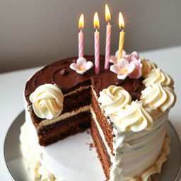 A beautifully decorated cake with rich chocolate layers, adorned with elegant white frosting and intricate piping designs