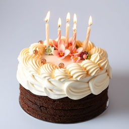 A beautifully decorated cake with rich chocolate layers, adorned with elegant white frosting and intricate piping designs