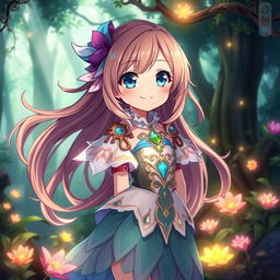 An anime girl with long flowing hair and big expressive eyes, wearing a beautiful, intricately designed fantasy outfit with vibrant colors
