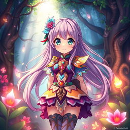 An anime girl with long flowing hair and big expressive eyes, wearing a beautiful, intricately designed fantasy outfit with vibrant colors