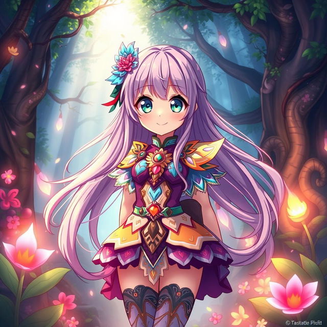 An anime girl with long flowing hair and big expressive eyes, wearing a beautiful, intricately designed fantasy outfit with vibrant colors