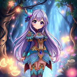 An anime girl with long flowing hair and big expressive eyes, wearing a beautiful, intricately designed fantasy outfit with vibrant colors