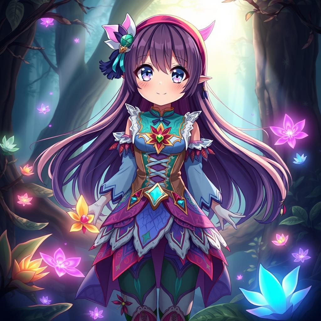 An anime girl with long flowing hair and big expressive eyes, wearing a beautiful, intricately designed fantasy outfit with vibrant colors