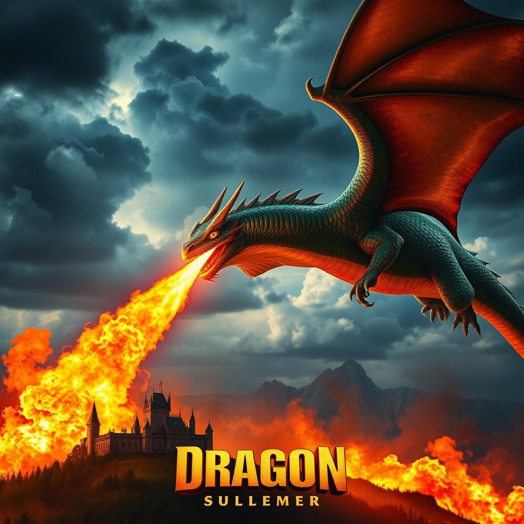 A cinematic photography style movie poster showcasing a majestic fire-breathing dragon in action