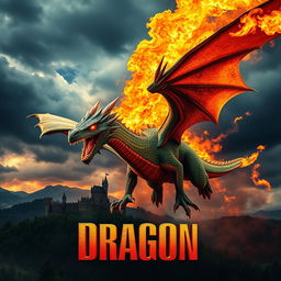 A cinematic photography style movie poster showcasing a majestic fire-breathing dragon in action