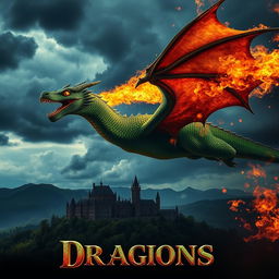 A cinematic photography style movie poster showcasing a majestic fire-breathing dragon in action