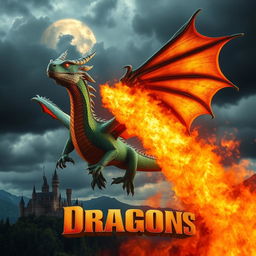 A cinematic photography style movie poster showcasing a majestic fire-breathing dragon in action