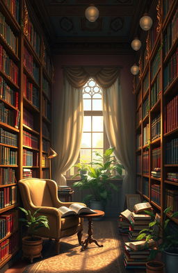 A digital painting depicting a beautiful library filled with an array of books