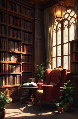 A digital painting depicting a beautiful library filled with an array of books