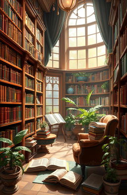 A digital painting depicting a beautiful library filled with an array of books