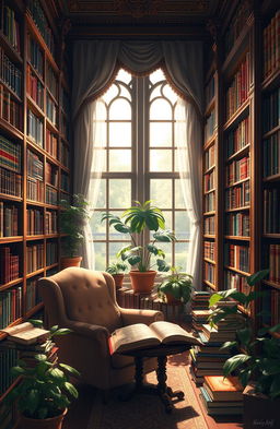 A digital painting depicting a beautiful library filled with an array of books