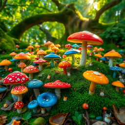 An enchanting forest filled with an array of vibrant mushrooms, showcasing a variety of shapes, colors, and sizes