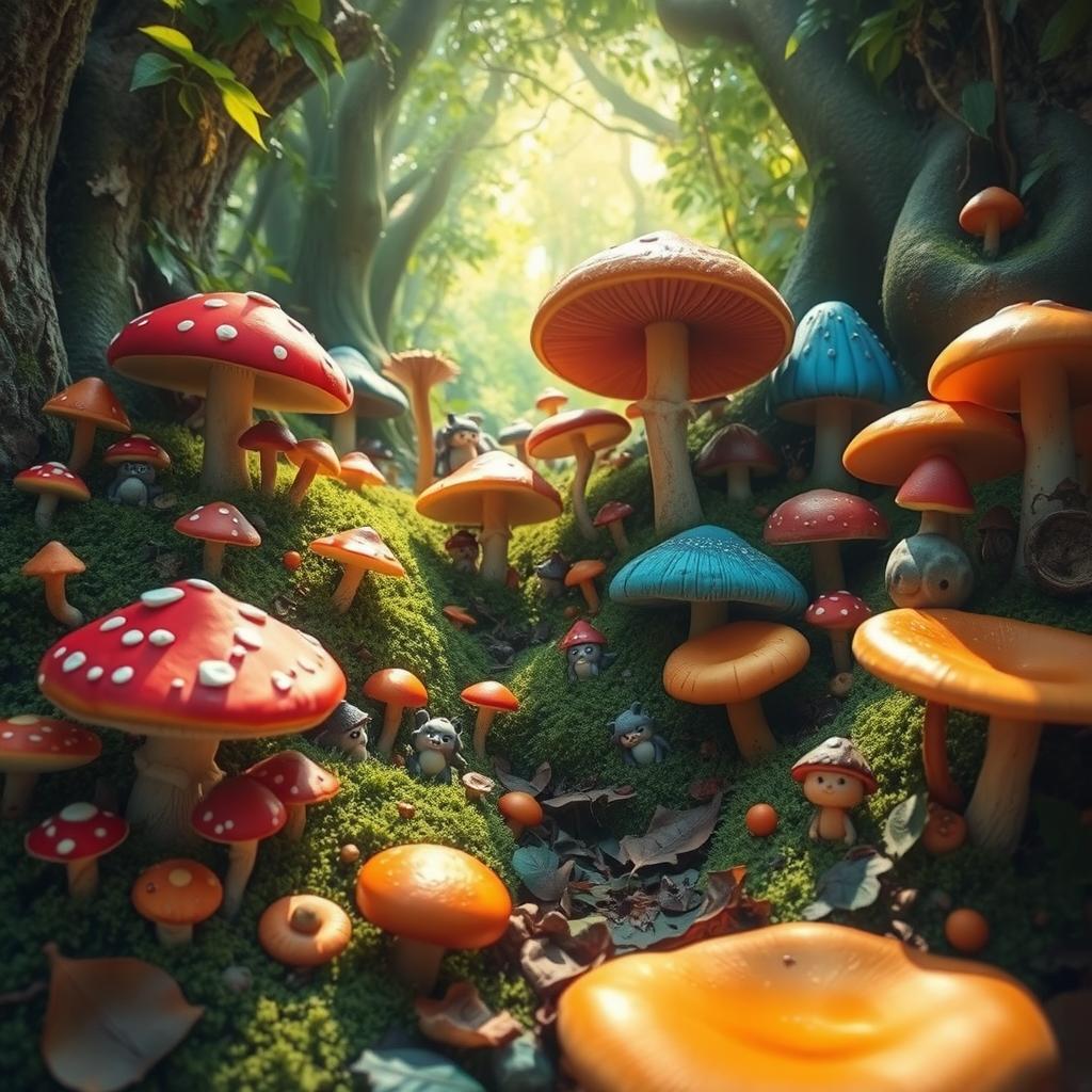 An enchanting forest filled with an array of vibrant mushrooms, showcasing a variety of shapes, colors, and sizes