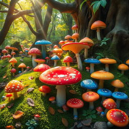 An enchanting forest filled with an array of vibrant mushrooms, showcasing a variety of shapes, colors, and sizes