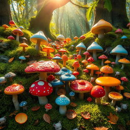 An enchanting forest filled with an array of vibrant mushrooms, showcasing a variety of shapes, colors, and sizes
