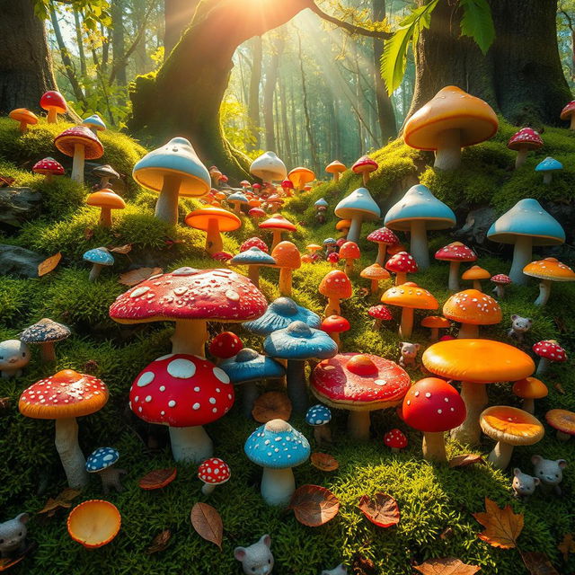 An enchanting forest filled with an array of vibrant mushrooms, showcasing a variety of shapes, colors, and sizes