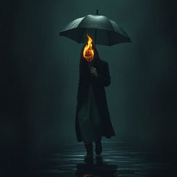 A poignant and emotional scene depicting a lone figure walking through a dark, shadowy environment, with raindrops falling around them