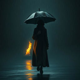 A poignant and emotional scene depicting a lone figure walking through a dark, shadowy environment, with raindrops falling around them
