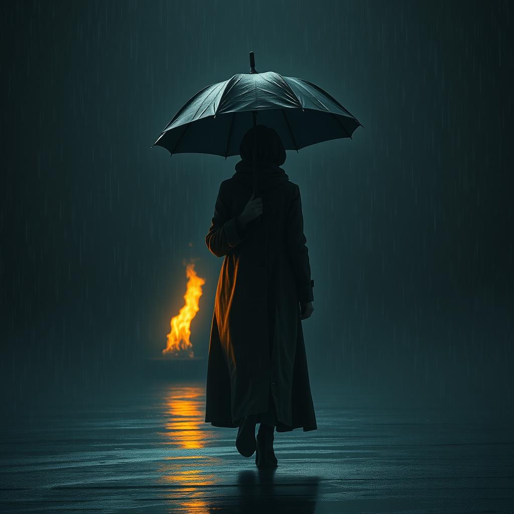 A poignant and emotional scene depicting a lone figure walking through a dark, shadowy environment, with raindrops falling around them