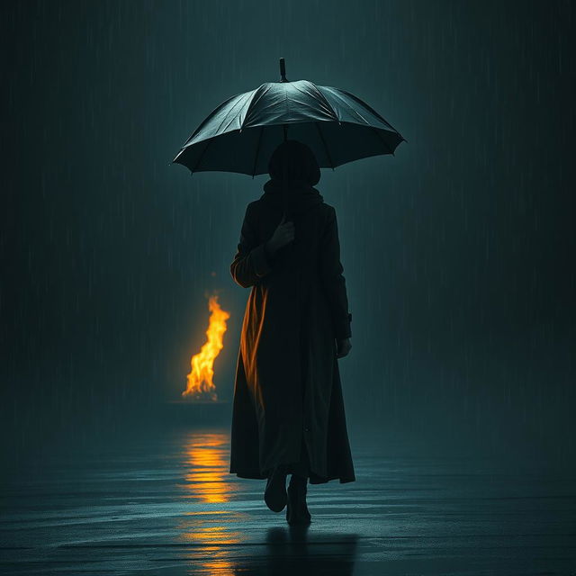 A poignant and emotional scene depicting a lone figure walking through a dark, shadowy environment, with raindrops falling around them
