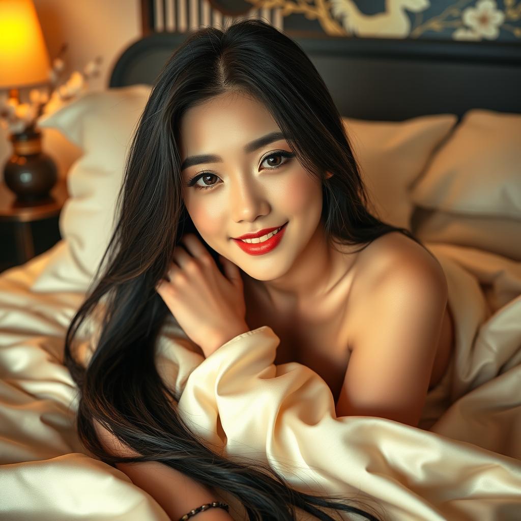 A seductive Japanese woman lying in a luxurious bed, draped in soft silk sheets, her long black hair cascading over the pillow