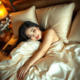 A seductive Japanese woman lying in a luxurious bed, draped in soft silk sheets, her long black hair cascading over the pillow