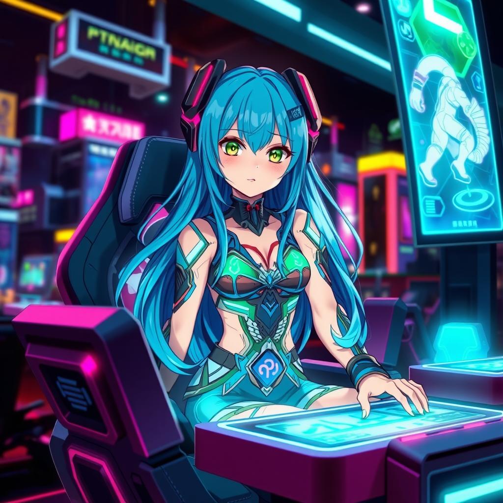 A beautiful anime girl with long, flowing blue hair and bright green eyes, wearing a stylish, futuristic outfit adorned with intricate patterns