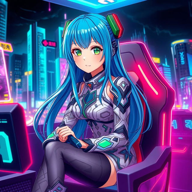 A beautiful anime girl with long, flowing blue hair and bright green eyes, wearing a stylish, futuristic outfit adorned with intricate patterns