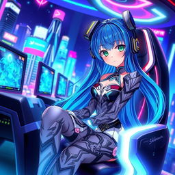 A beautiful anime girl with long, flowing blue hair and bright green eyes, wearing a stylish, futuristic outfit adorned with intricate patterns