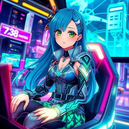 A beautiful anime girl with long, flowing blue hair and bright green eyes, wearing a stylish, futuristic outfit adorned with intricate patterns