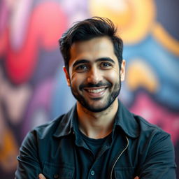 A stunning portrait of Reza Attaran, an Iranian actor and comedian, showcasing his charismatic personality