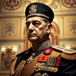 A dignified portrait of Mohammadreza Pahlavi, the last Shah of Iran, dressed in his regal military uniform, adorned with medals and accolades