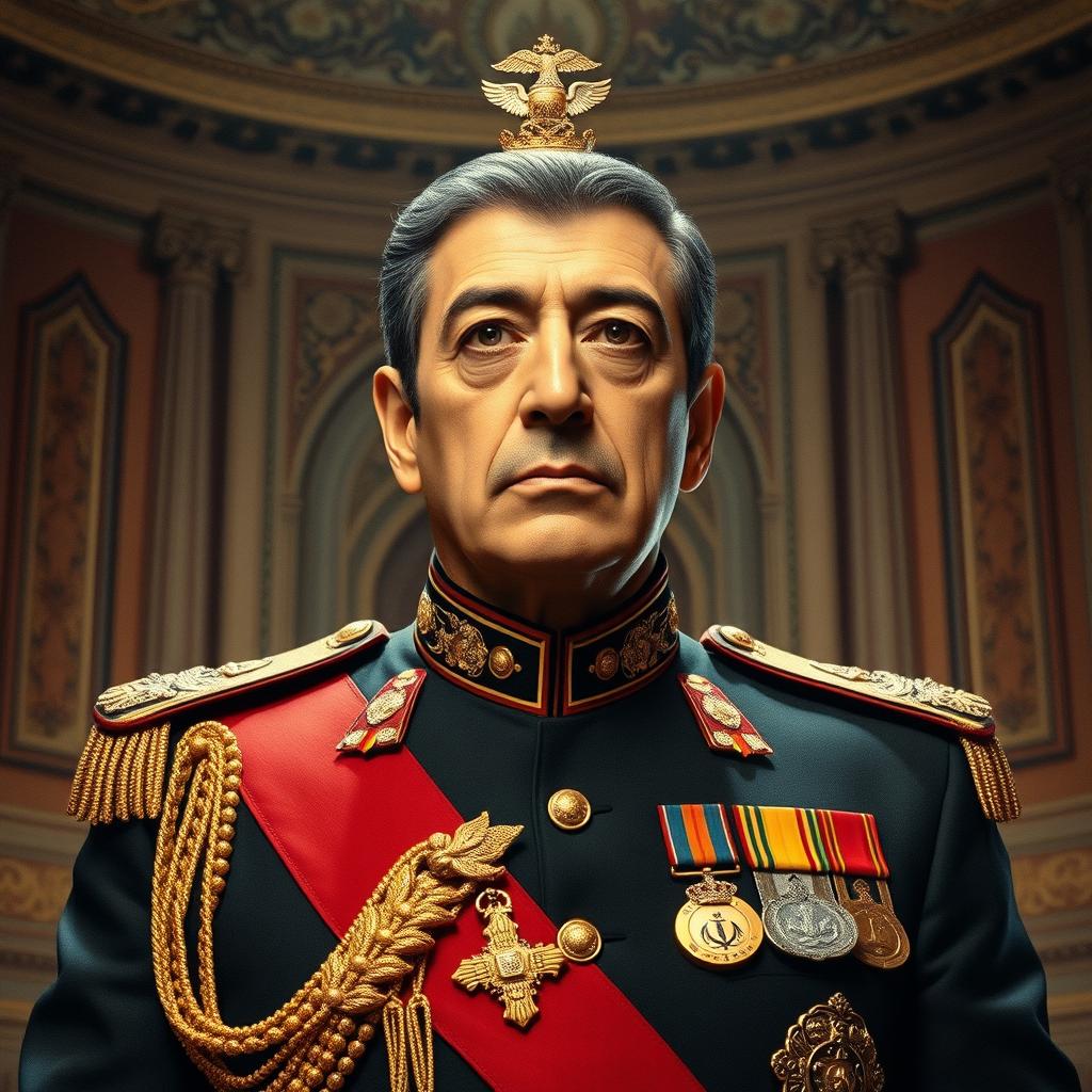 A dignified portrait of Mohammadreza Pahlavi, the last Shah of Iran, dressed in his regal military uniform, adorned with medals and accolades