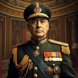 A dignified portrait of Mohammadreza Pahlavi, the last Shah of Iran, dressed in his regal military uniform, adorned with medals and accolades