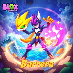 A vibrant fantasy scene featuring a character from the game Blox Fruits, showcasing the Barrera fruit power
