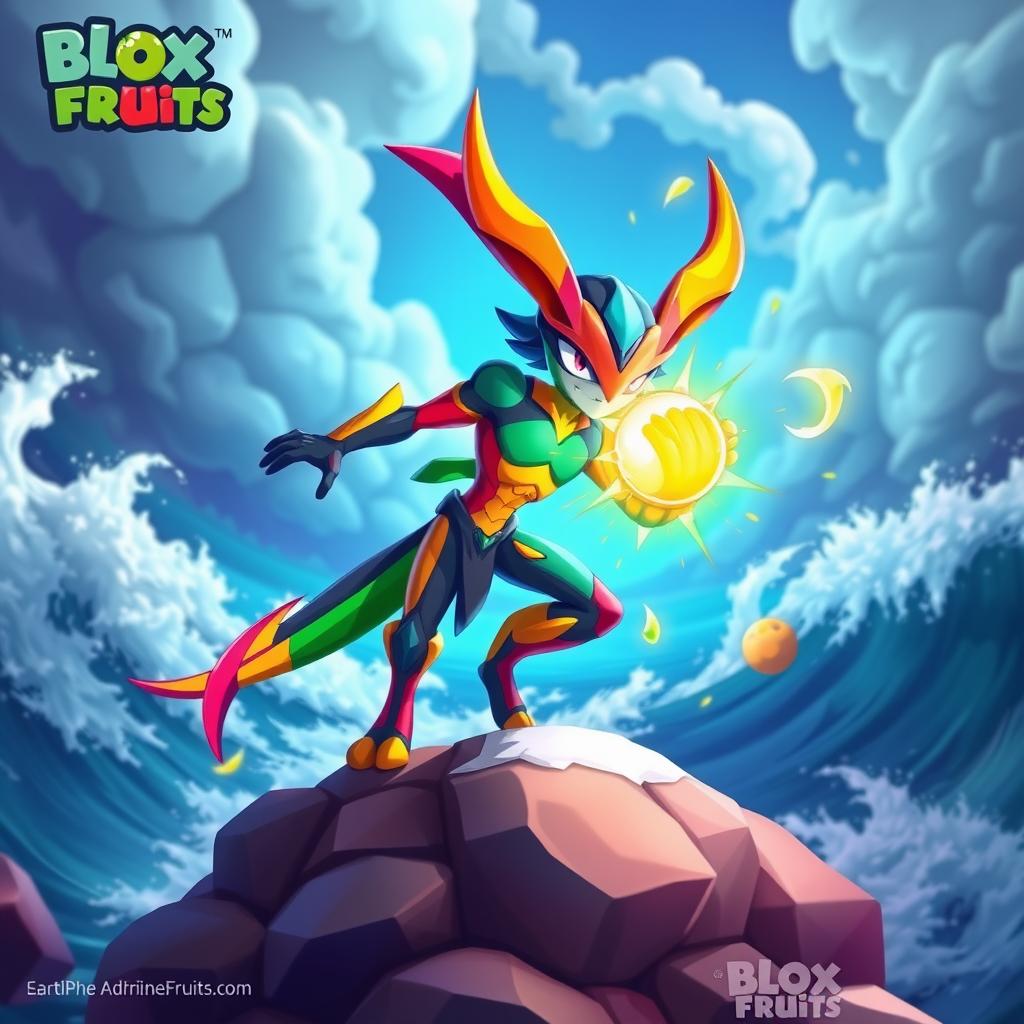 A vibrant fantasy scene featuring a character from the game Blox Fruits, showcasing the Barrera fruit power