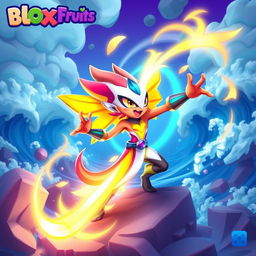 A vibrant fantasy scene featuring a character from the game Blox Fruits, showcasing the Barrera fruit power