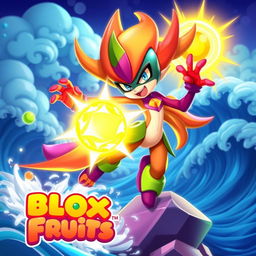 A vibrant fantasy scene featuring a character from the game Blox Fruits, showcasing the Barrera fruit power