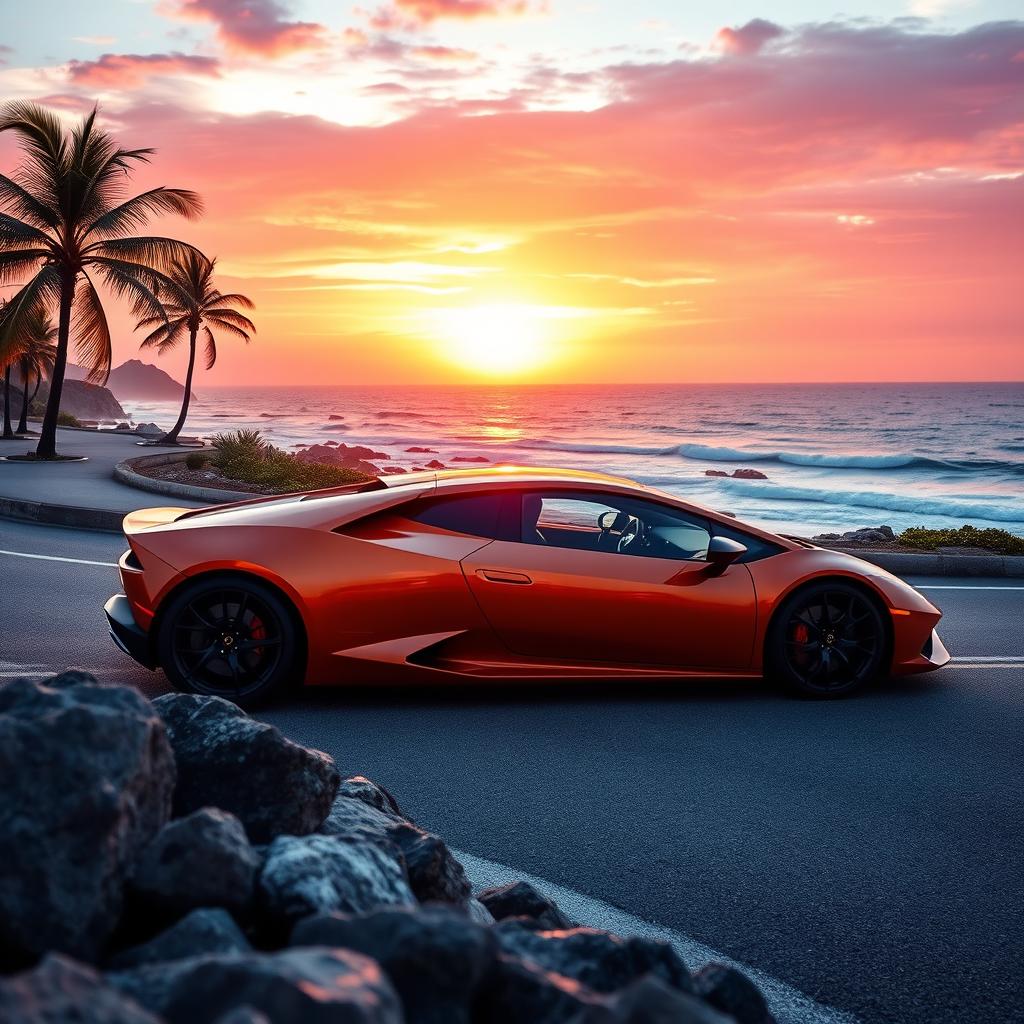 A sleek, modern Lamborghini sports car parked on a picturesque coastal road, with the sun setting in the background