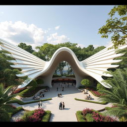 A unique architectural space resembling spread-out wings, designed for relaxation and gatherings