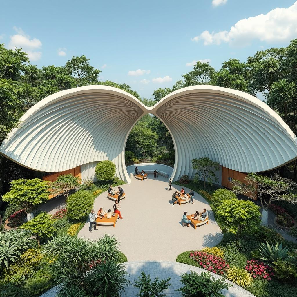 A unique architectural space resembling spread-out wings, designed for relaxation and gatherings