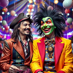 A surrealistic portrait of Johnny Depp and Jim Carrey sharing a laugh, both dressed in colorful costumes resembling characters from their movies