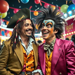 A surrealistic portrait of Johnny Depp and Jim Carrey sharing a laugh, both dressed in colorful costumes resembling characters from their movies